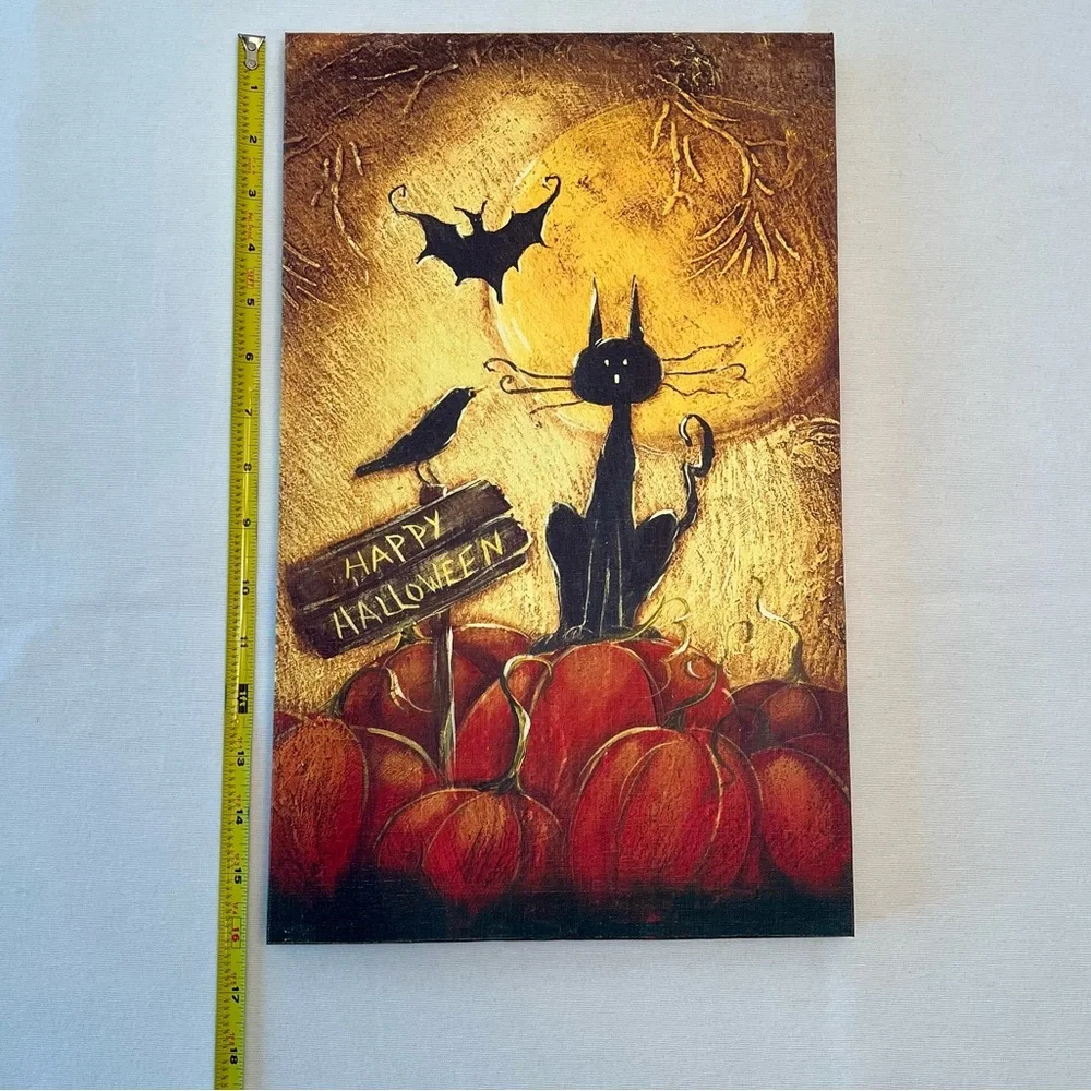 Happy Halloween New Canvas Hanging Wall Picture Art Old Word Spooky Cat Bat Crow